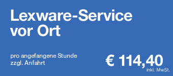 Lexware-Service bei Ihnen vor Ort pro angefangene Stunde: € 97,60 (inkl. 19% MwSt. / zzgl. Anfahrt)